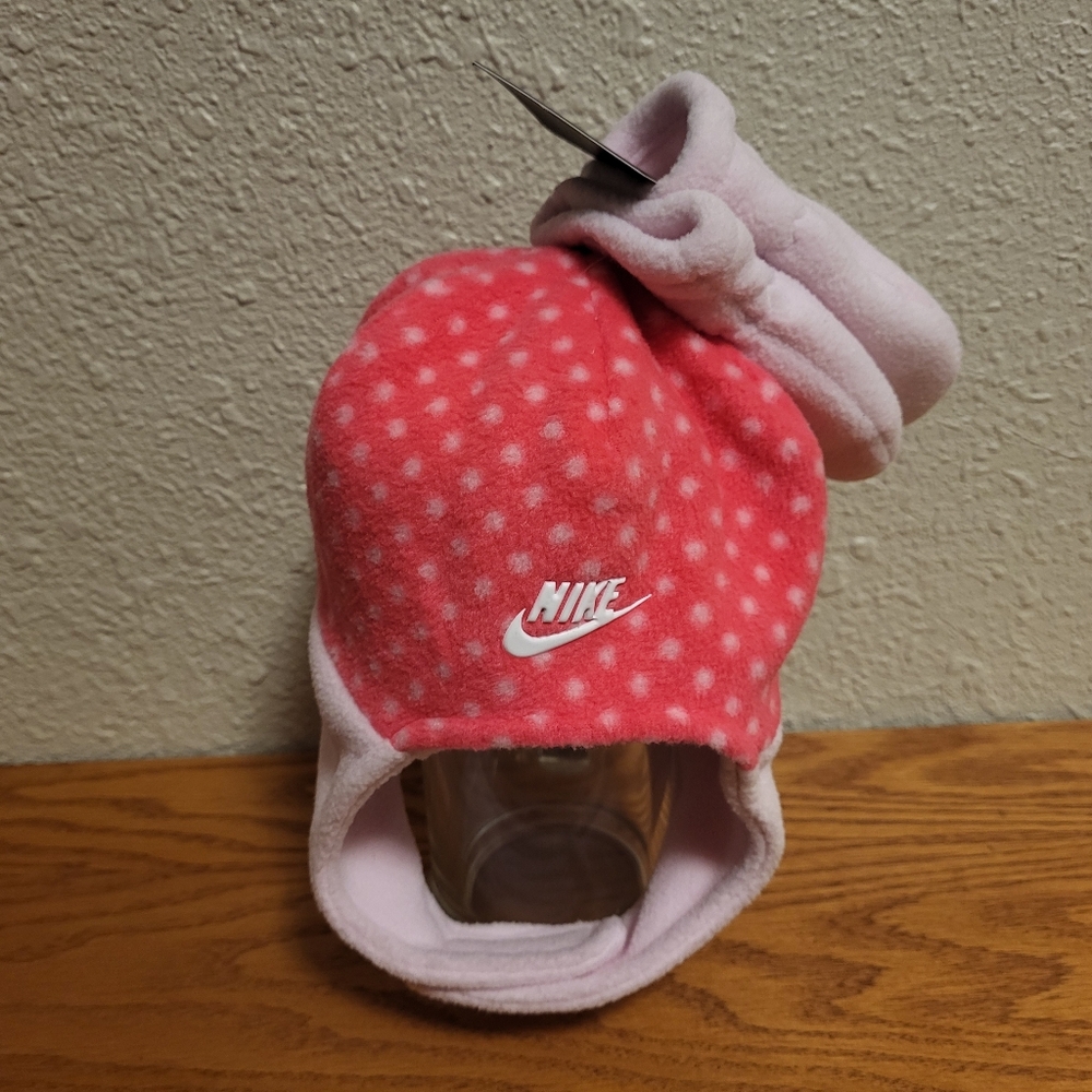 NWT Nike Infant Pink Polka Dot Fleece Hat and Pink Mittens